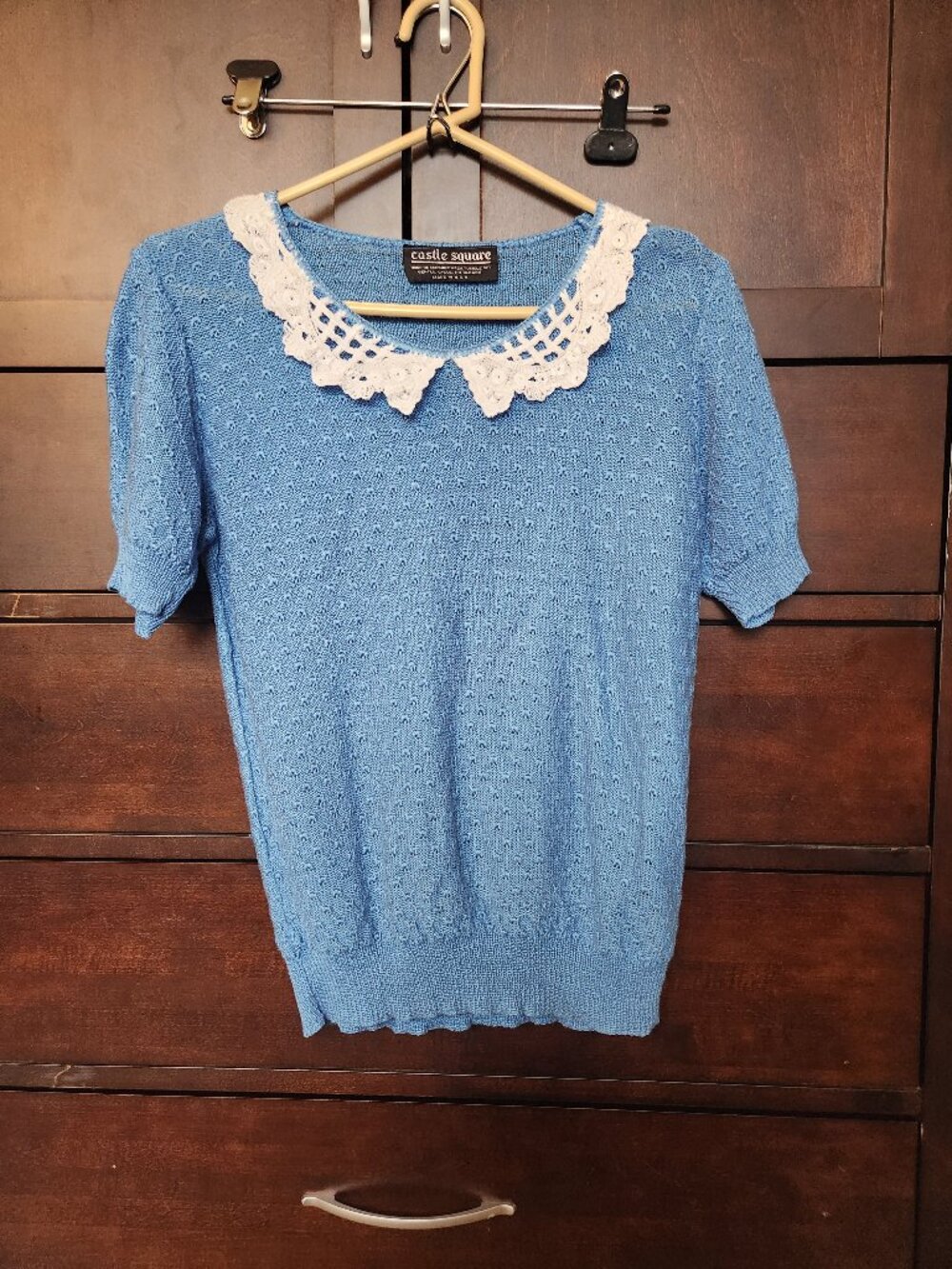 Vintage Castle Square blue and white lace neck cottage core top